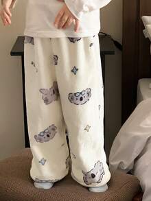 DAZY Young Girl Cute Cartoon Koala, Star, Silver Fox Plush Loose Pajama Pants, Autumn/Winter - White - View 1