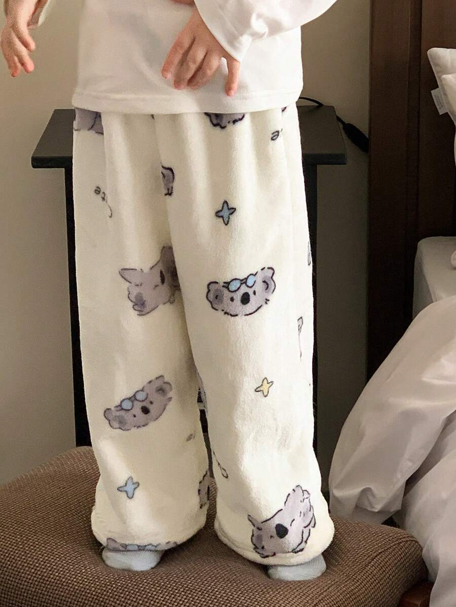 DAZY Young Girl Cute Cartoon Koala, Star, Silver Fox Plush Loose Pajama Pants, Autumn/Winter - White - View 1