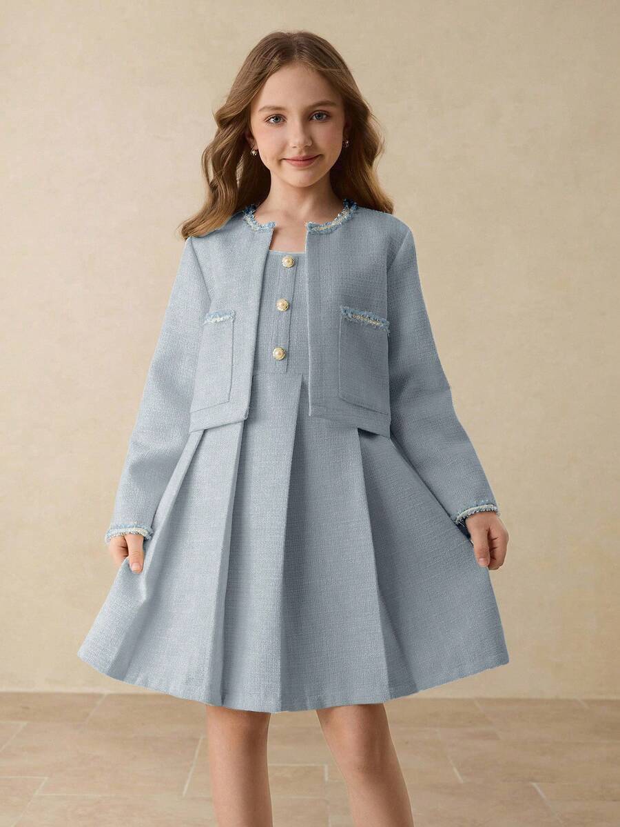 Setelan Jaket Tweed Lengan Panjang Warna Biru Muda Elegan dan Gaun Pendek Tanpa Lengan Berpinggang Tinggi untuk Remaja Perempuan, Cocok untuk Kembali ke Sekolah atau Wisuda Musim Gugur - Biru - View 1