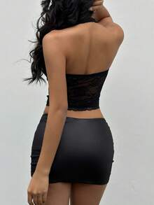 Aloruh Áo hai dây cổ yếm ren đen bán trong suốt quyến rũ, thanh lịch lãng mạn dành cho nữ, thích hợp cho tiệc tùng, hẹn hò, đăng bài trên mạng xã hội, mùa thu/đông - màu đen - Xem 2