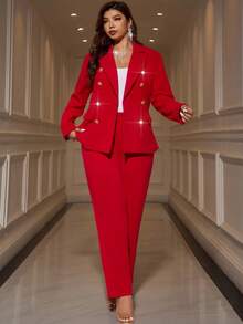 SHEIN Clasi 大码纯色简约日常穿着翻领长袖西装外套 - 紅色 - 查看 11