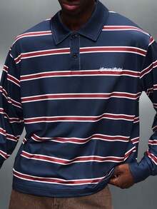 PLAYBOY X SUMWON Men's Horizontal Striped Long Sleeve Polo Shirt Boxy Fit Classic Casual Rugby Style Collared Top - Multicolor - View 4