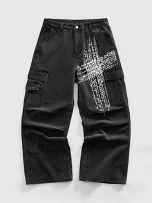 ROMWE MEN Street Life Men's Fashion Loose Fit Versatile Cargo Jeans With Pockets - Grey - View 1