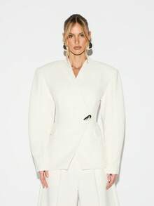 KIZN Shoulder Pad Balloon Sleeve Blazer With Metal Buckle Detail V-Neck Wrap Style Professional Office Jacket - White - View 1