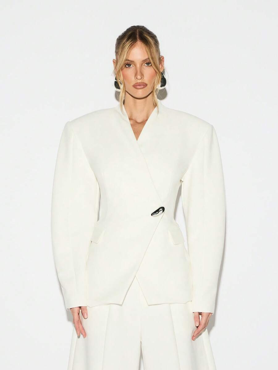 KIZN Shoulder Pad Balloon Sleeve Blazer With Metal Buckle Detail V-Neck Wrap Style Professional Office Jacket - White - View 1