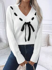 EMERY ROSE 女士休闲系带落肩毛衣，秋冬款 - 白色 - 查看 4