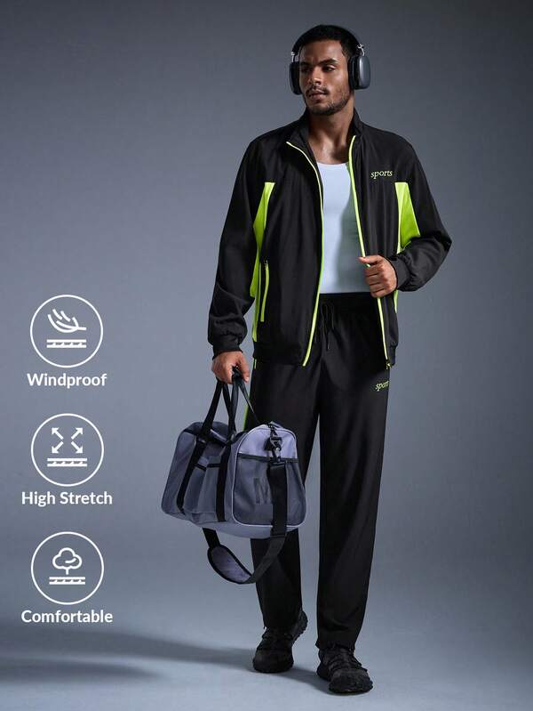  DRIFTMERE Men's Zippered Pocket Patchwork Stand Collar Leisure Sports Letter Print Casual Jacket & Pants, Versatile For Daily Wear, Fall/Winter, Tracksuit, Gym, Jogging Set Spring To Summer