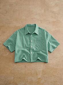 HIMLAND Men's Casual Plaid Slogan Print Short Sleeve Shirt, Summer Green Graphic Shirt Green And White Shirt Gingham Shirt Men S Boxy Shirt Plaid Shirt - Green - View 4