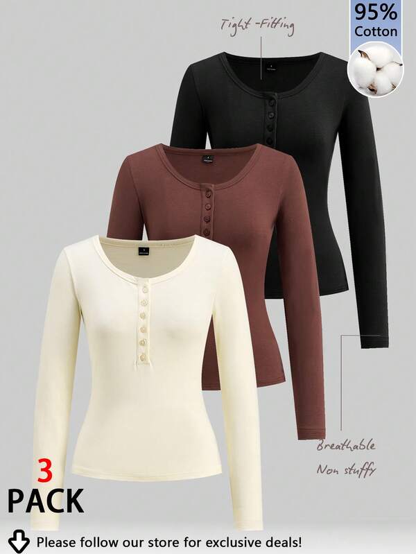 Tseoso 95% bawełny, 3-częściowe, damskie, luźne, dopasowane T-shirty z długim rękawem i dekoltem Henry Neck na jesień/zimę. Styl vintage, luźny, dopasowany krój, dziewczęca estetyka vintage, idealne do domu, na powrót do szkoły, na sport i do uniwersalnej, jesiennej garderoby.