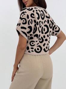 Aloruh 女士单排扣V领豹纹针织背心，秋冬季，无袖针织保暖羊毛上衣，撞色滚边，休闲日常穿着，2024秋冬，通勤，简约，办公室，复古，简约，秋冬季 - 杏色 - 查看 6