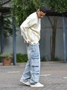Devon Thys Men's Distressed Washed Multiple Pockets Cargo Jeans, Casual Straight Leg Pants - Mint Blue - View 4