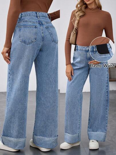 SHEIN Maternity High Waist Wide Leg Loose Casual Versatile Jeans Casual Women Full Length Blue Denim Jeans With Cuffed Hem Comfortable Fit Winter Christmas New Year Thanksgiving Commuting Vacation Graduation Chic Y2k Cute Streetwear Coquette Party Wedding Elegant Business Casual Woman Belly Support Wide Leg Maternity Jeans Commute Minimalist Minimalist Mom Style Shirt-Friendly Jeans