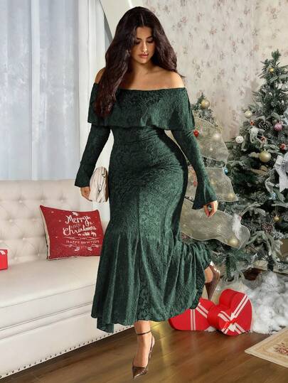 Roveilla فستان كاجوال بأسلوب فرنسي للنساء كبيرات الحجم بطبعة زهور البيونيا وأكتاف مكشوفة وذيل سمكة