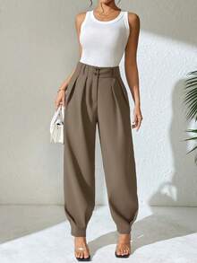 Xyvia 女士优雅高腰双纽扣装饰褶皱直筒裤，春秋季休闲西装裤