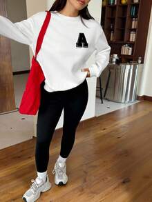 SHEIN EZwear 女士秋冬新款运动卫衣和紧身裤套装 - 黑與白 - 查看 6