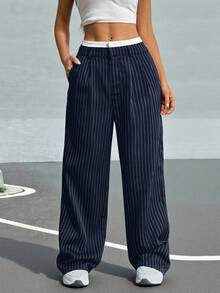 SHEIN EZwear 秋冬季女士褶裥条纹阔腿西装裤，撞色腰带设计