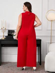 Ellevyn 大码女装两件套，优雅红色花卉图案两件套，派对礼服两件套，包含无袖上衣和长裤 - 紅色 - 查看 2