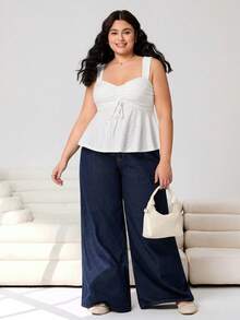 Solflare 2026春夏新款休闲日常穿搭，适合派对、通勤、返校、约会、居家、生日派对等多种场合，无袖针织提花上衣，白色，大码女装 - 白色 - 查看 4