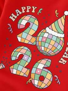 2件套婴儿男童男女通用3个月-3岁新年快乐2026图案红色圆领长袖连体衣带帽子，婴儿服装，男童套装，连体衣，派对装，节日套装，休闲日常装，适合春、秋、冬三季，红色婴儿套装，婴儿新年服装，红色连体衣，生日男童 - 紅色 - 查看 5