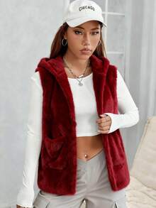 Chaqueta sin mangas de mujer de unicolor con capucha, casual, esponjosa y cálida de piel sintética - Burdeos - Ver 1