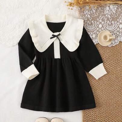 幼児用ポロカラーセーターワンピース、リボンデコレーション 長袖ニットワンピース、カレッジスタイル、デイリー、お出かけ、休日やパーティーに適しています、ギフトにも使えます