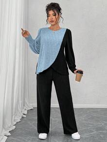 EMERY ROSE Conjunto de 2 piezas de ropa de estar en casa de talla grande, color negro, estilo casual elegante para otoño, con top de cuello redondo, manga larga, punto suave acanalado, diseño de bloques de color y patchwork asimétrico, y pantalones - Multicolor - Ver 5