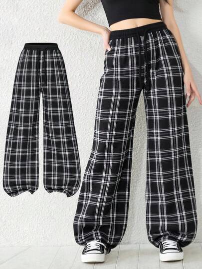 1pc Girls Vintage Black & White Plaid Wide Leg Pants, High Waist Drawstring Elastic Waist Casual Trousers, Loose Straight Leg Pants, Versatile For Commuting, Slouchy, Suitable For Home, Daily Wear, Korean/Ins Style
