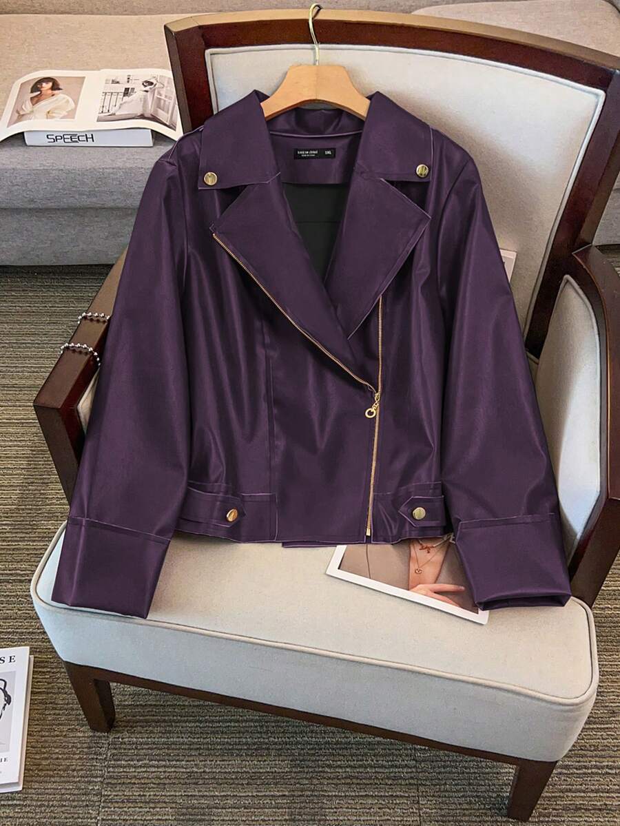 GlowEve CURVE 大码女式长袖短款夹克，新款时尚百搭休闲短款摩托车夹克，适合日常穿着，显瘦 - 紫色 - 查看 1