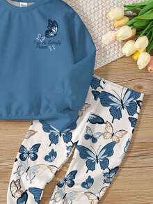 SHEIN Leap Crew Bộ 2 quần áo nỉ dài tay cổ tròn thoải mái cho bé gái tuổi teen, họa tiết bướm cổ điển, thích hợp cho mùa thu/đông - Nhiều màu - Xem 4