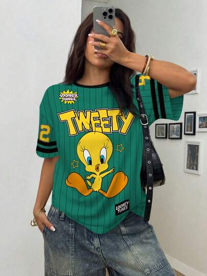 LOONEY TUNES X SHEIN T-shirt à manches courtes pour femmes, col contrasté, imprimé de lettres et de rayures, style décontracté, pour l'été