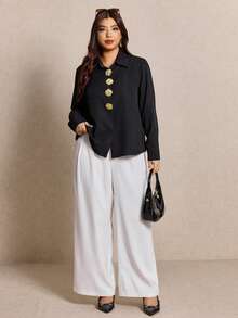 Elaquor Plus Size Women Metal Floral Decor Long Sleeve Shirt And Pleated Wide Leg Pants Casual 2 Piece Set - Black - View 1
