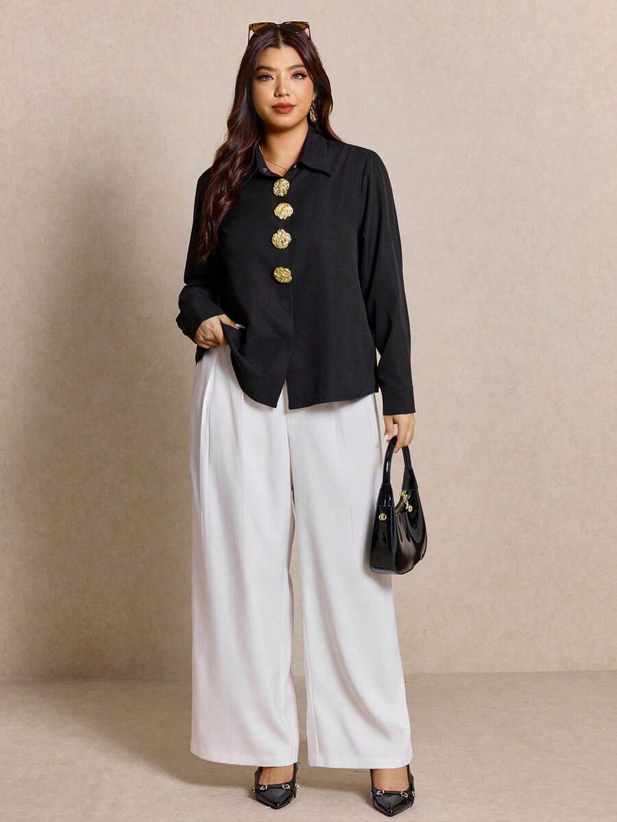 Elaquor Plus Size Women Metal Floral Decor Long Sleeve Shirt And Pleated Wide Leg Pants Casual 2 Piece Set - Black - View 1