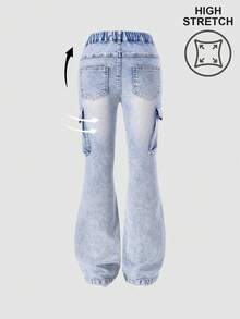 Tween Girls Jeans, Versatile Casual Flare Leg Jeans With Distressed Wash, Elastic Waist, Suitable For Spring, Summer, Autumn, Winter