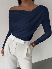 Firerie 女士优雅简约时尚不对称荷叶边领长袖露脐白色上衣，适合日常通勤、音乐节、度假等场合。 - 藏蓝色 - 查看 11