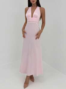 Aloruh Women's Deep V-Neck Ruched Waist Party Dress, Pink, Valentine's Day - Pink - View 3