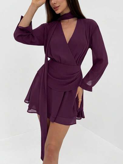 Aloruh Eggplant Purple Romantic Date Deep V-Neck Long Sleeve Ruffle Hem Waist Cinched Mini Dress For Women