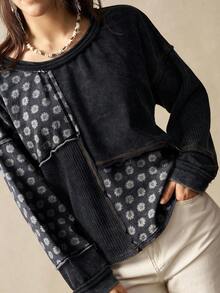 Bohemela 女士休闲针织拼接圆领宽松长袖卫衣，秋冬季 - 黑色 - 查看 7