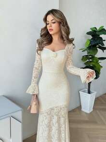 Jemour Đầm đuôi cá in hoa dệt kim Jacquard lãng mạn cổ điển dành cho nữ, Đầm mùa hè, Đầm tiệc trà Quần áo mùa xuân - Màu be - Xem 4