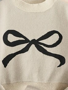 SHEIN Tween Girls' Apricot Cute Casual Contrast Black Butterfly Round Neck Long Sleeve Cropped Sweater Top, Suitable For Spring, Autumn, Winter, Clean Girl Style, Chinese New Year, Valentine's Day - Apricot - View 4