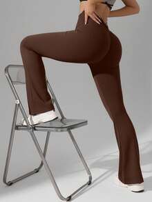 Easithlete Seamless Sports Yoga Flare 7/8 Leggings, High Waist Tummy Control Ruched Back, Moisture Wicking, Suitable For Fitness, Outdoor, Running, Cycling, Fashionable & Sexy Brown Flared Pants Boot Cut Yoga Pants Brown Legging Ribbed Leggings Flared Leggings Brown Yoga Pants - Coffee Brown - View 4