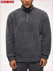 Rest Era 男士纯色半开襟拉链长袖家居服上衣，蓬松冬季款 - 灰色 - 查看 1