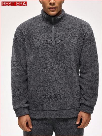 Rest Era 男士纯色半开襟拉链长袖家居服上衣，蓬松冬季款