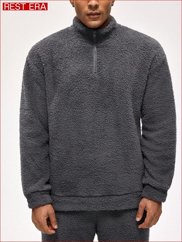 Rest Era 男士纯色半开襟拉链长袖家居服上衣，蓬松冬季款