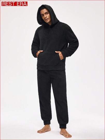 Rest Era Men's Casual Solid Color Kangaroo Pocket Fleece Hoodie And Drawstring Pants Fluffy Loungewear Set, Autumn/Winter