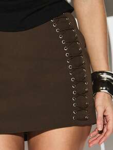 KIZN Váy mini bó sát cạp cao có ren kèm lỗ kim loại cho đêm tiệc tùng, câu lạc bộ - màu nâu - Xem 5