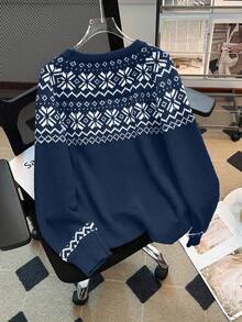 Franclia Sweater Rajut Kasual Motif Kepingan Salju Natal, Musim Gugur/Musim Dingin - Royal Blue - View 2