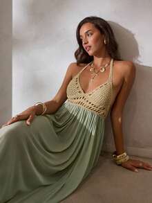 Aloruh Vestido elegante y sexy con escote en V profundo, hecho de ganchillo y parches de malla, para mujer. Ideal para vacaciones, atuendo de playa y vestidos de verano en color verde salvia para mujer. - Caqui - Ver 7