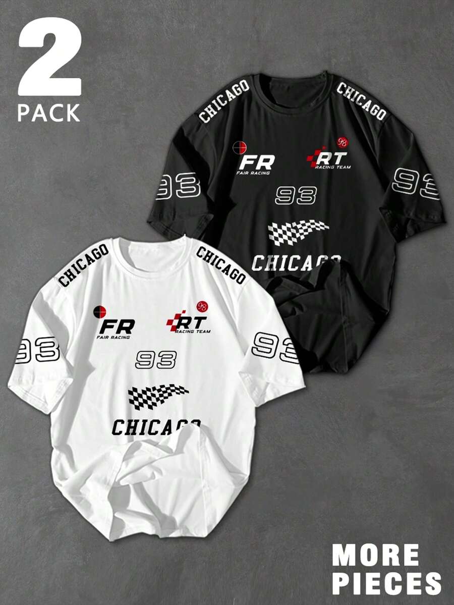 Manfinity EMRG 2 chiếc áo thun tay ngắn rộng rãi in chữ và số phong cách đường phố thường ngày dành cho nam, mùa hè - Nhiều màu - Xem 1