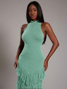 NYA SZN 无袖高领流苏修身罗纹针织连衣裙，弹力面料，适合特殊场合、度假、婚礼、外出、机场等，可爱复古风，秋冬季通勤皆宜，女士必备单品 - 淺藍色 - 查看 3