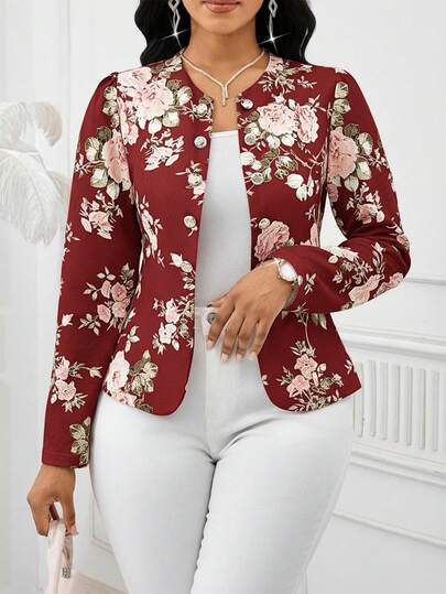SHEIN Lady Four Seasons Women's Thin Jacket Long Sleeve Elegant Romantic Casual Commuter Business Casual Woman Office For Women Work Women Work For Women Work Pants Work Dresses For Women Office Work Tops Work Work Office Wear Women Office Attire For Women Office Dress Business Casual Women Office Wear Formal Tops For Women Business Professional Women Office Wear Work Wear Women Teacher For Women Teacher Teacher Shirts Teacher In Fall/Winter Red Floral Jacket Women Blazer Women